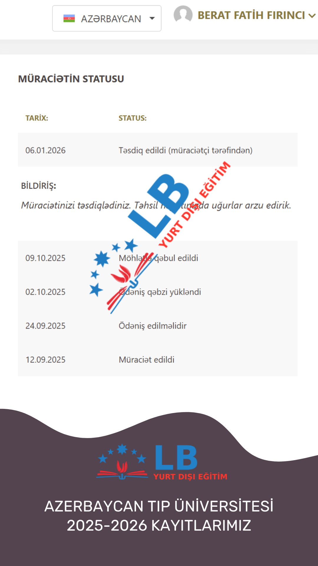 2025-2026 Azerbaycan Tıp Üniversitesi Kabullerimiz